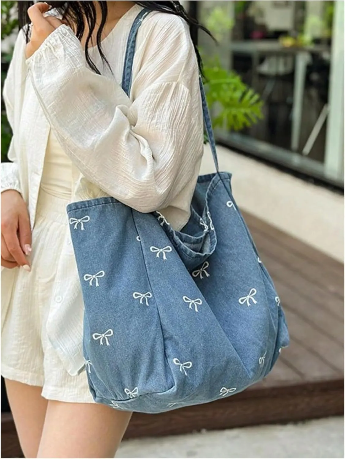 SweatyRocks Women's Bow Graphic Denim Tote Bag Top Handle Cute Shoulder Handbags