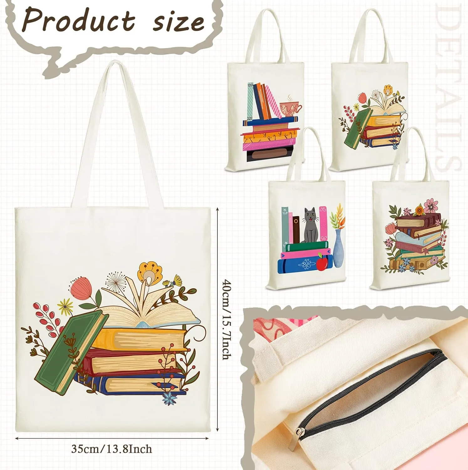 Sweetude 4 Pcs Book Lover Club Gift Canvas Tote Bag with Pocket Aesthetic Librarian Bookish Reader Birthday Gifts for Women