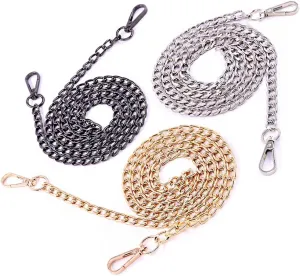 Swpeet 3Pcs Premium Polished Metal Chain Fashion 47 Inche Replacement Flat Chain Strap with Buckles Set, Perfect for DIY Metal Shoulder Cross Body Bag Hand Bag Purse Replacement（Gold Silver Gun-Black