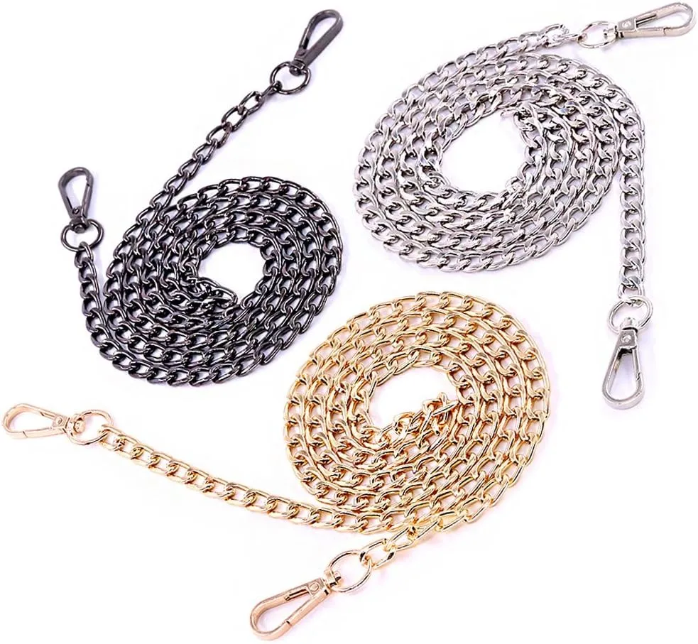 Swpeet 3Pcs Premium Polished Metal Chain Fashion 47 Inche Replacement Flat Chain Strap with Buckles Set, Perfect for DIY Metal Shoulder Cross Body Bag Hand Bag Purse Replacement（Gold Silver Gun-Black