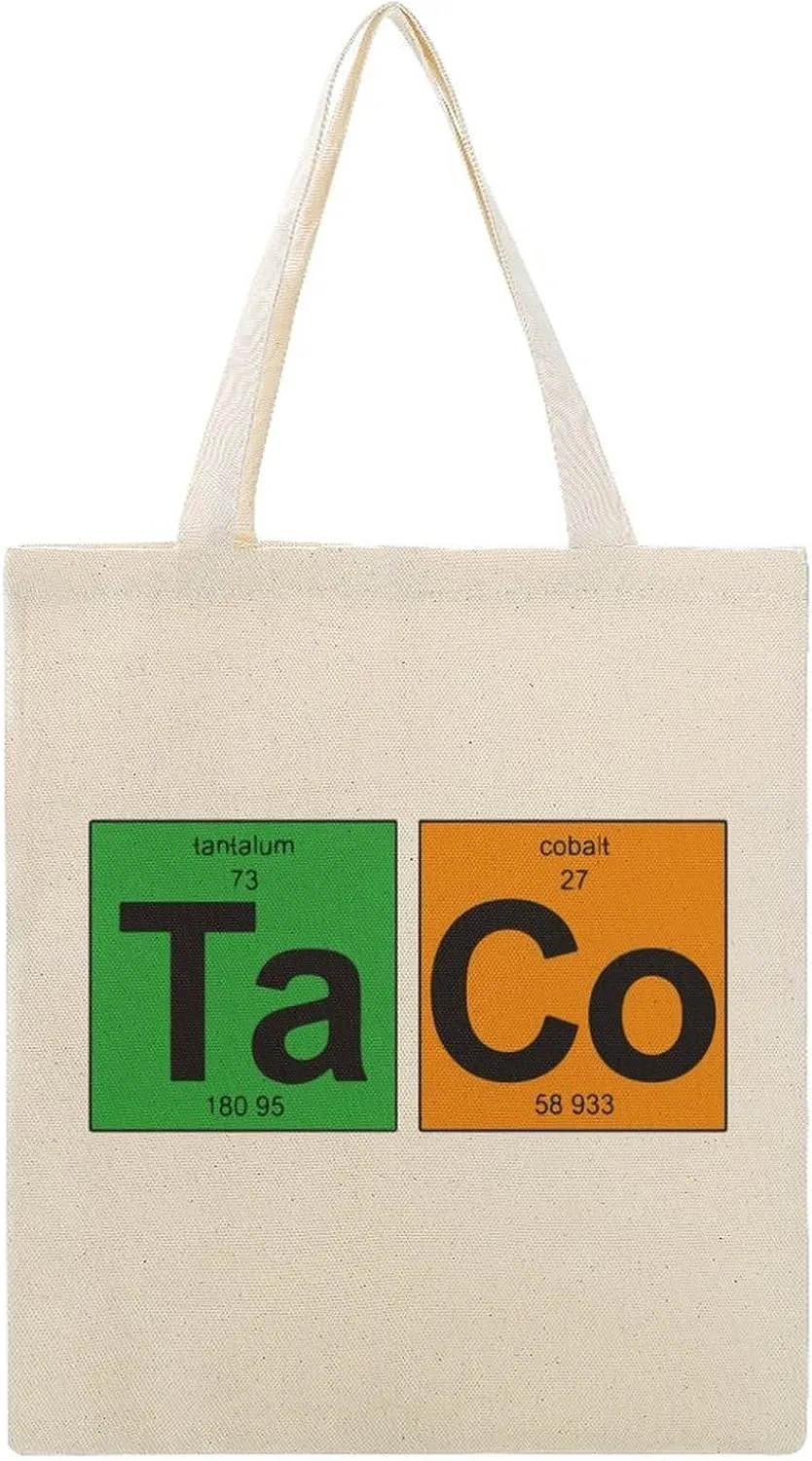 Taco-Periodic Table of Elements Canvas Tote Bag with Handles Reusable Grocery Shopping Printed Beach Handbag for Daily Travel Work