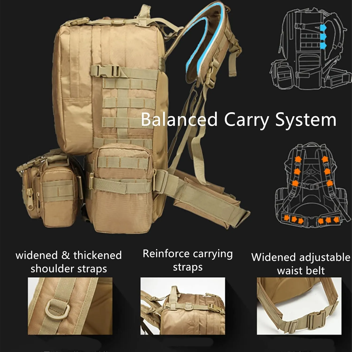 Tactical Backpack 50L, Molle Daypack Men, 4 in 1 Military Bag, Outdoor Sport Hiking Climbing Army Camping Bags