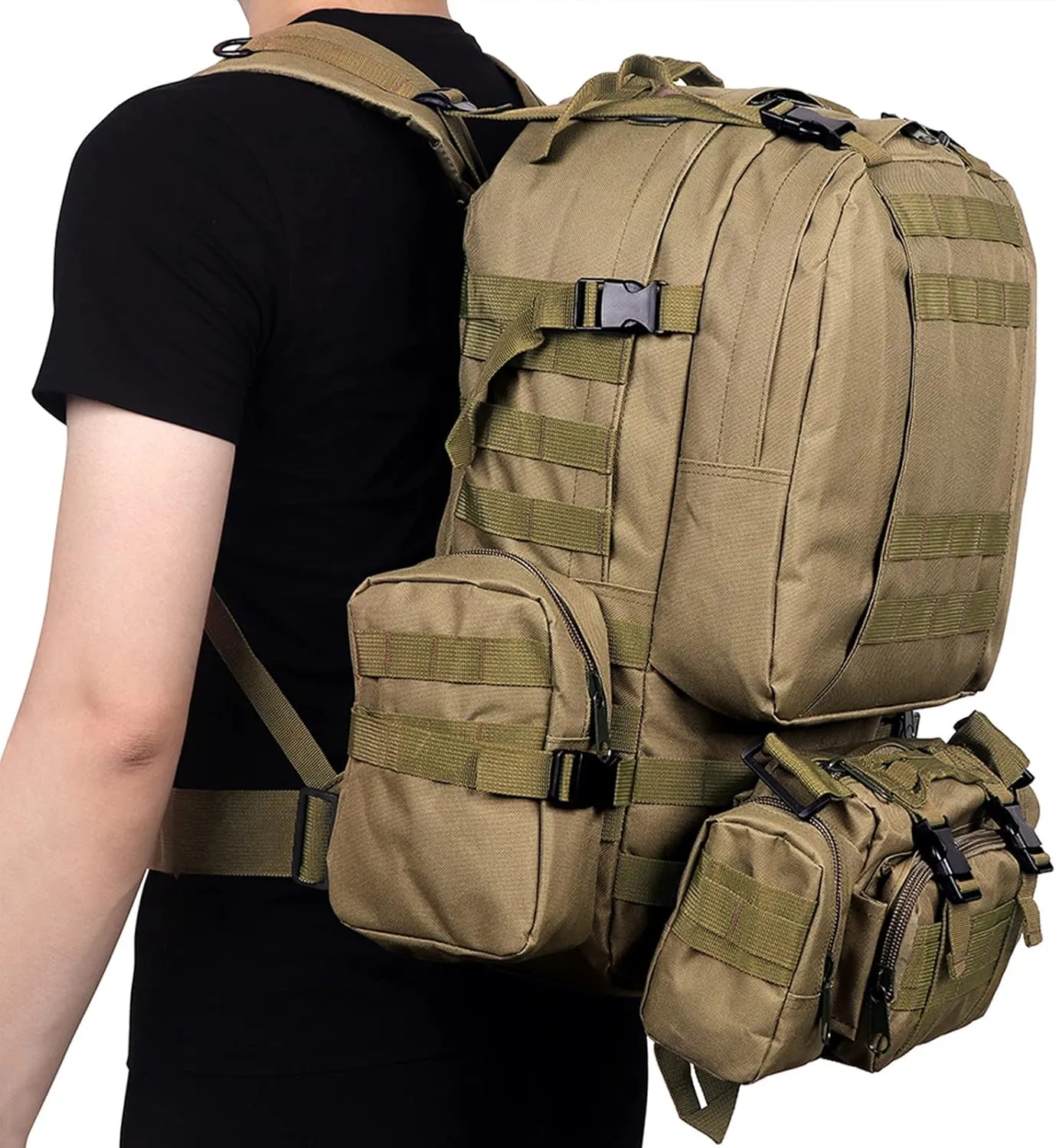 Tactical Backpack 50L, Molle Daypack Men, 4 in 1 Military Bag, Outdoor Sport Hiking Climbing Army Camping Bags