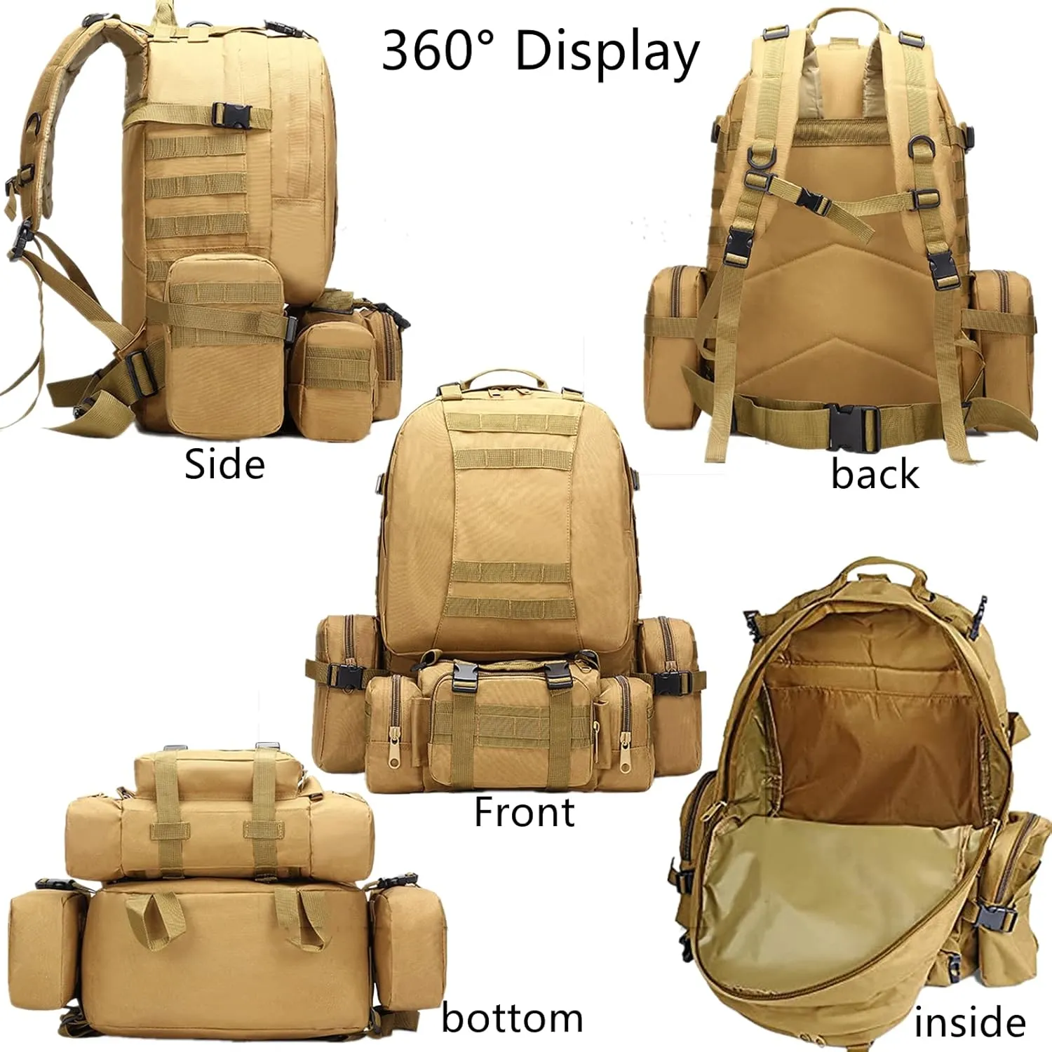 Tactical Backpack 50L, Molle Daypack Men, 4 in 1 Military Bag, Outdoor Sport Hiking Climbing Army Camping Bags