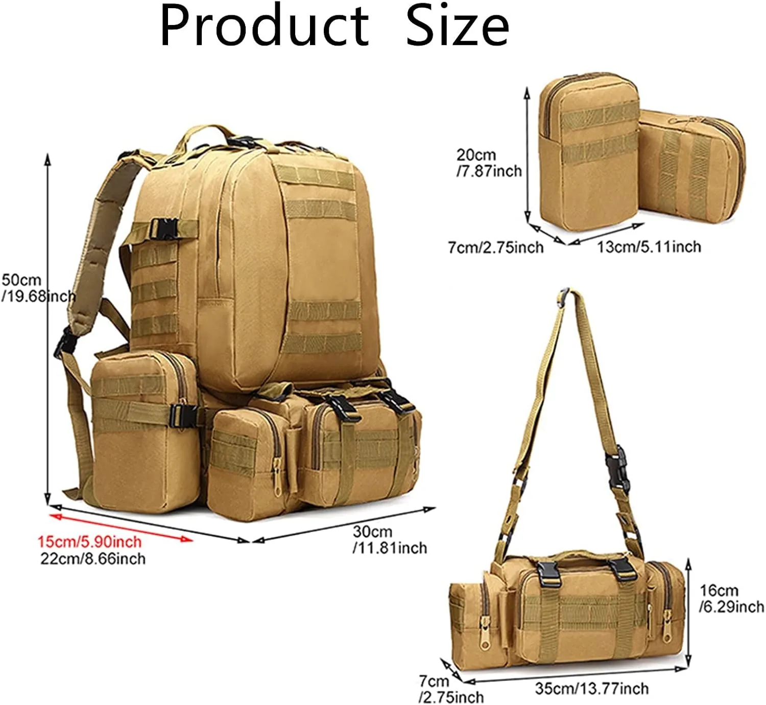 Tactical Backpack 50L, Molle Daypack Men, 4 in 1 Military Bag, Outdoor Sport Hiking Climbing Army Camping Bags