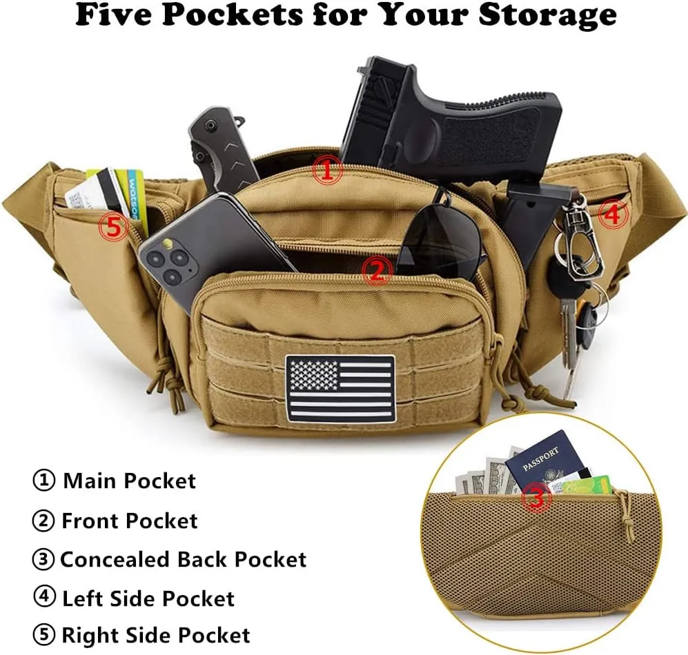 Tactical Fanny Pack Gun Holster Concealed Carry Pistol Military Tactical Waist Bag Waterproof Molle EDC Pouch with USA Flag Patch