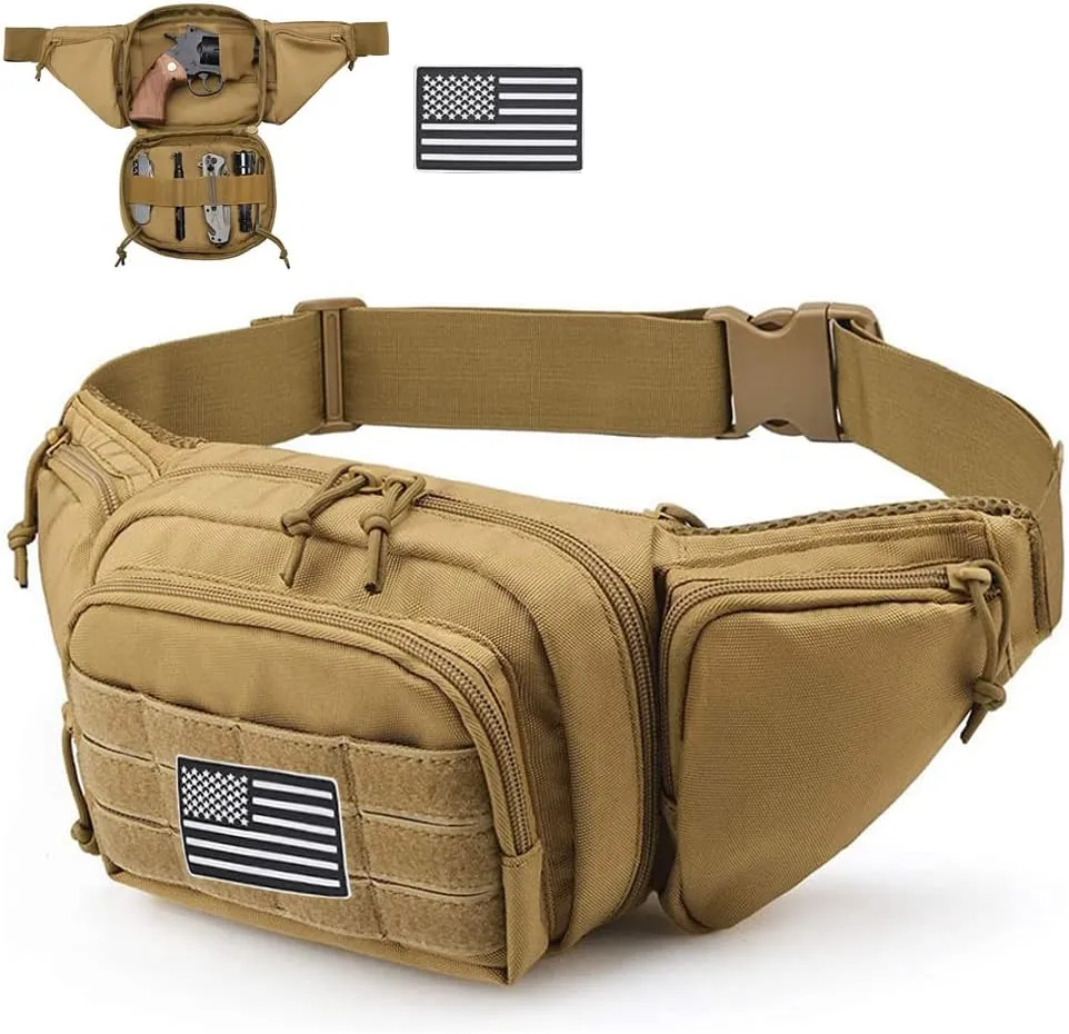 Tactical Fanny Pack Gun Holster Concealed Carry Pistol Military Tactical Waist Bag Waterproof Molle EDC Pouch with USA Flag Patch