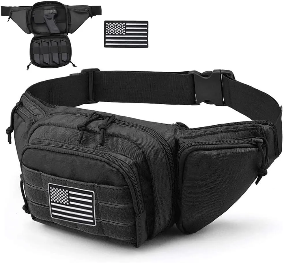Tactical Fanny Pack Gun Holster Concealed Carry Pistol Military Tactical Waist Bag Waterproof Molle EDC Pouch with USA Flag Patch