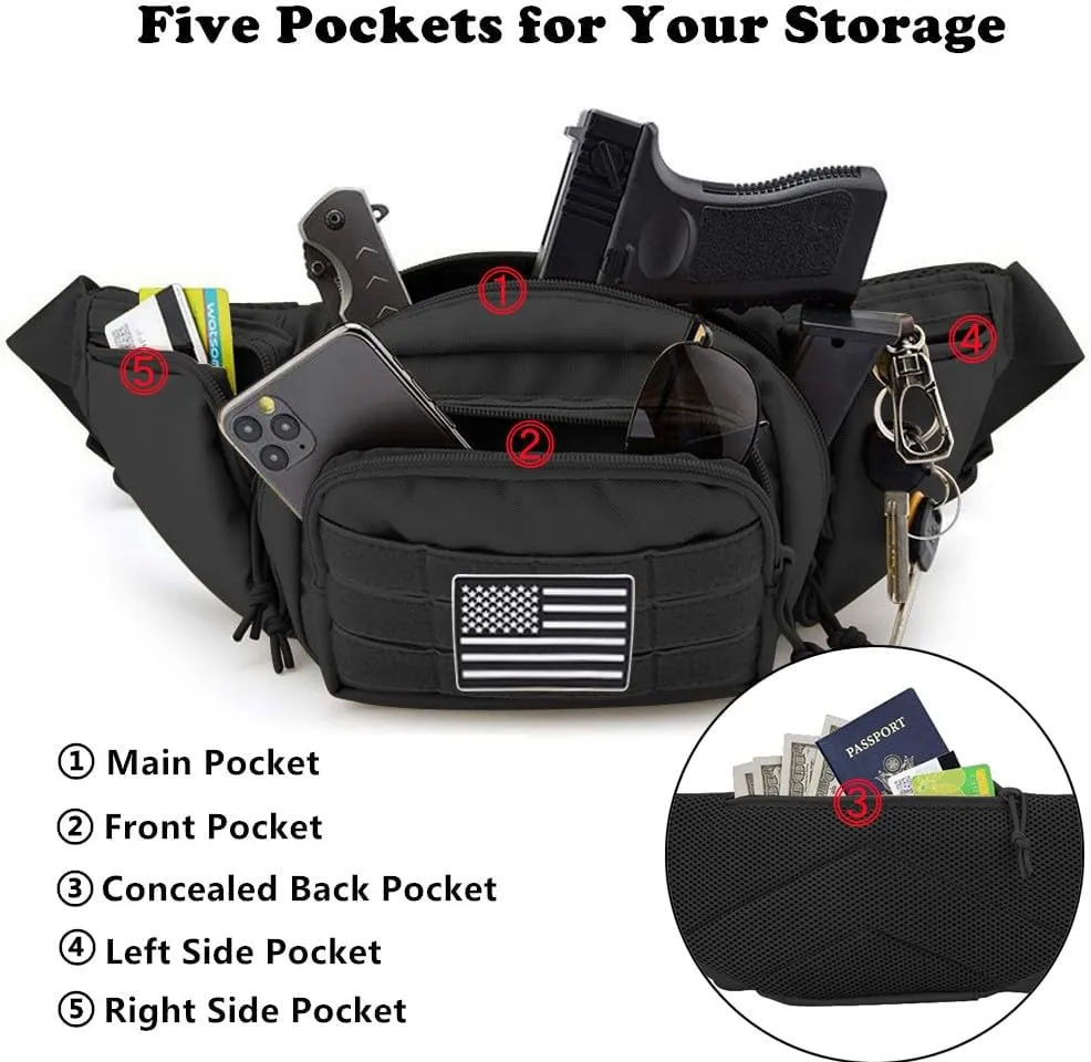 Tactical Fanny Pack Gun Holster Concealed Carry Pistol Military Tactical Waist Bag Waterproof Molle EDC Pouch with USA Flag Patch