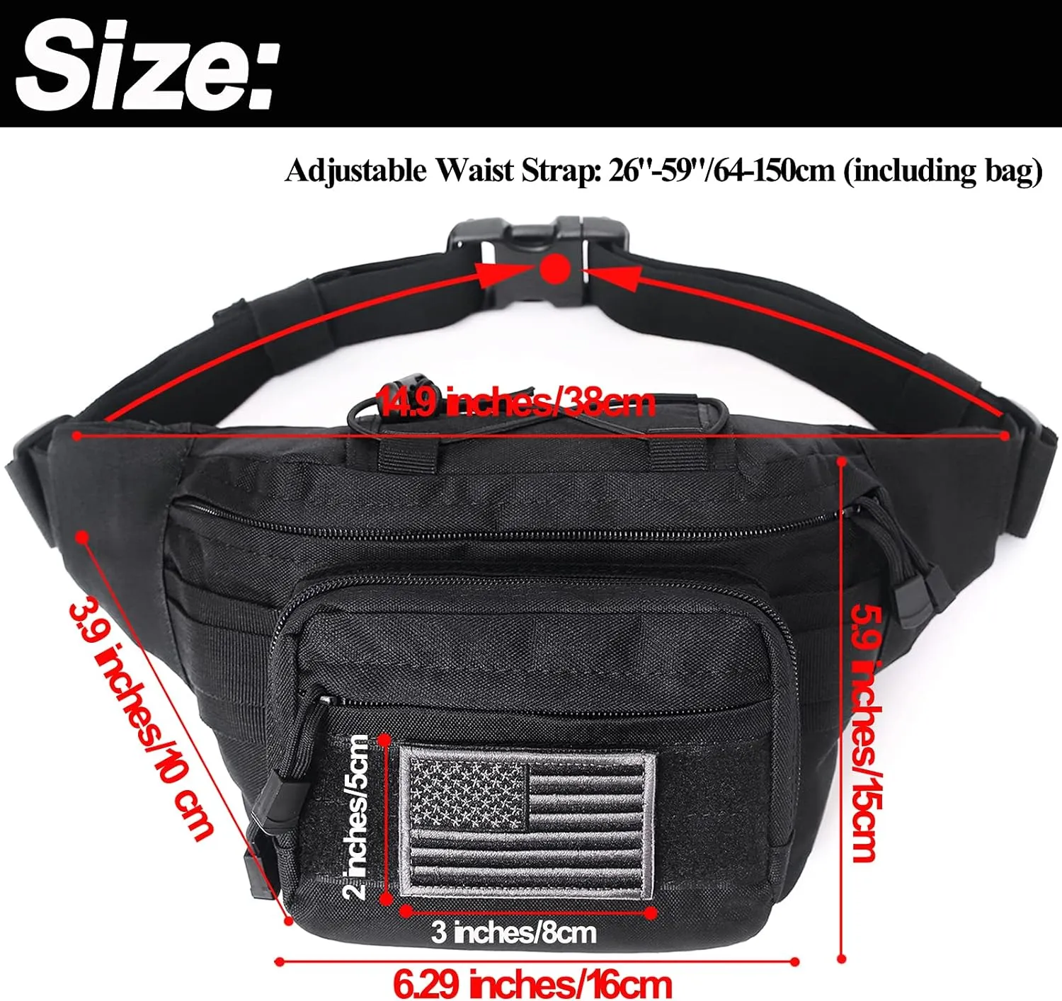 Tactical Fanny Pack, Military Waist Bag Hip Belt Bumbag Utility Bags for Outdoor Hiking Climbing Fishing with U.S Patch (Black Black)