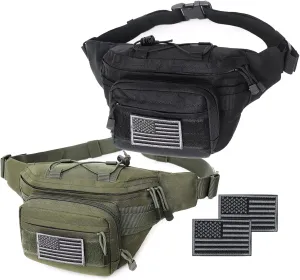 Tactical Fanny Pack, Military Waist Bag Hip Belt Bumbag Utility Bags for Outdoor Hiking Climbing Fishing with U.S Patch (Black Green)