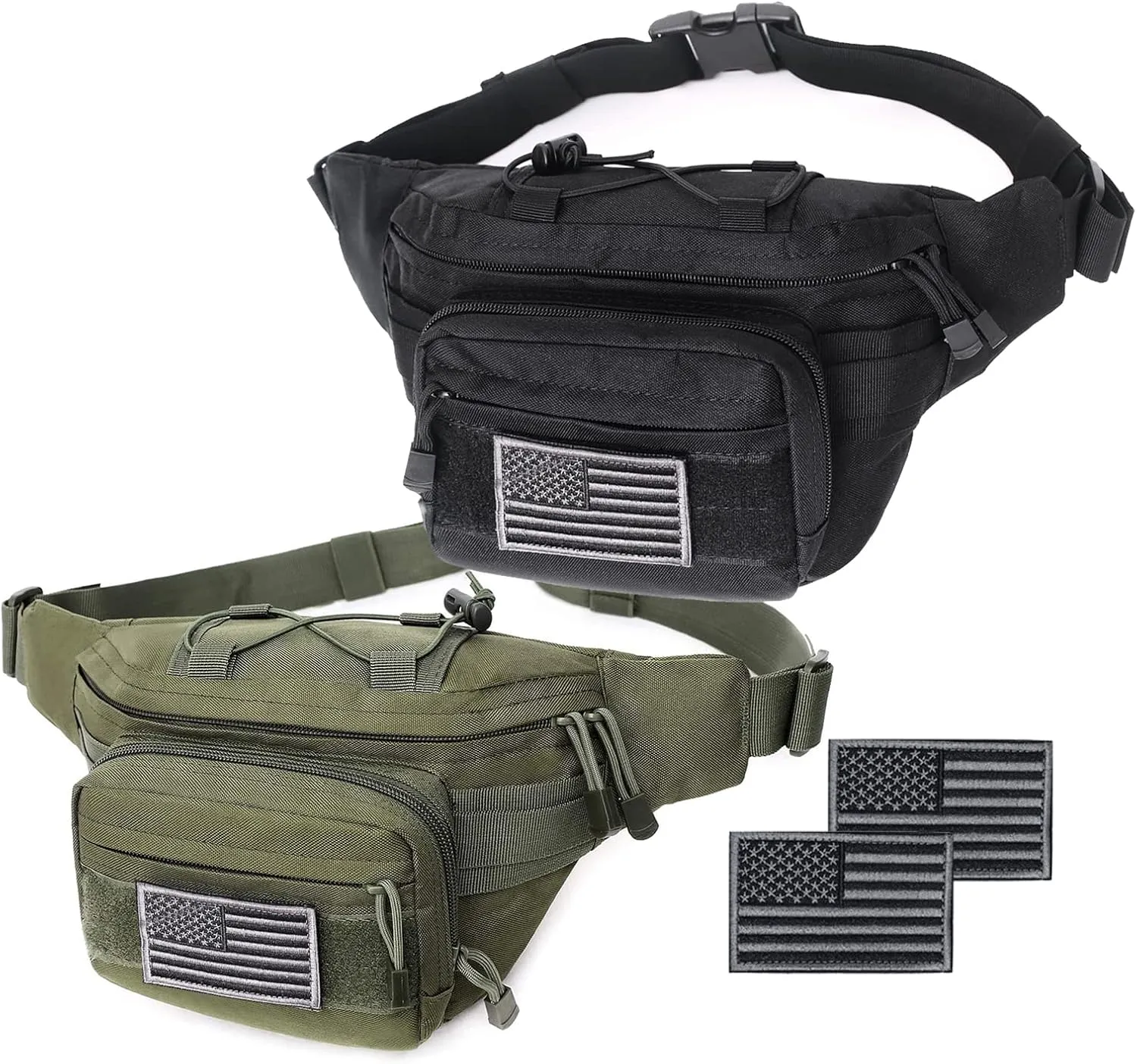 Tactical Fanny Pack, Military Waist Bag Hip Belt Bumbag Utility Bags for Outdoor Hiking Climbing Fishing with U.S Patch (Black Green)