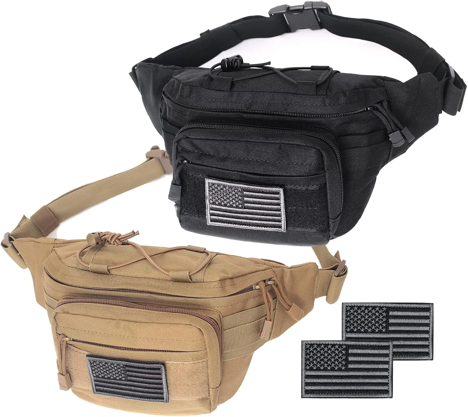 Tactical Fanny Pack, Military Waist Bag Hip Belt Bumbag Utility Bags for Outdoor Hiking Climbing Fishing with U.S Patch (Black Tan)