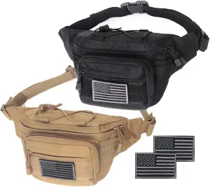 Tactical Fanny Pack, Military Waist Bag Hip Belt Bumbag Utility Bags for Outdoor Hiking Climbing Fishing with U.S Patch (Black Tan)