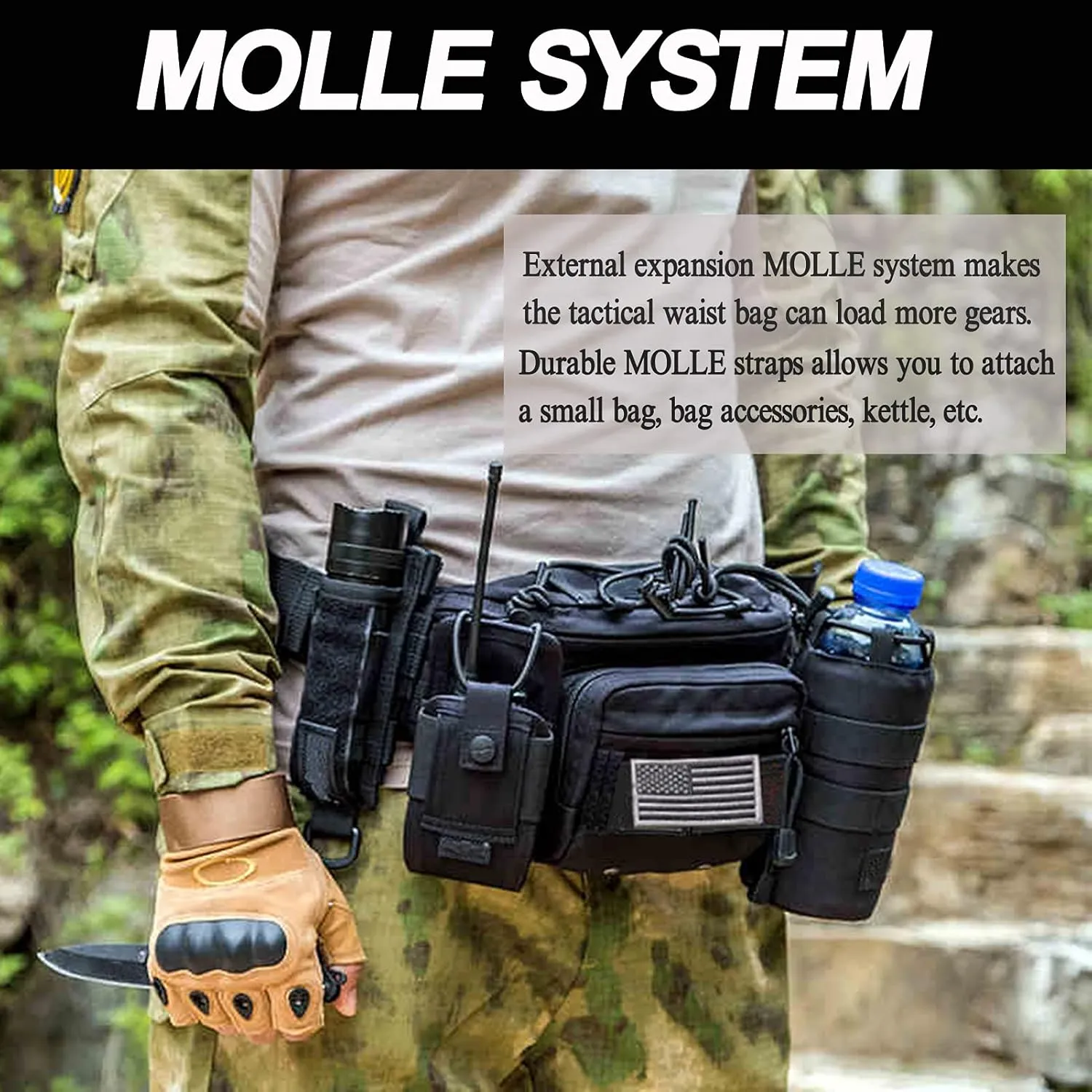 Tactical Fanny Pack, Military Waist Bag Hip Belt Bumbag Utility Bags for Outdoor Hiking Climbing Fishing with U.S Patch (CAIM0-A)