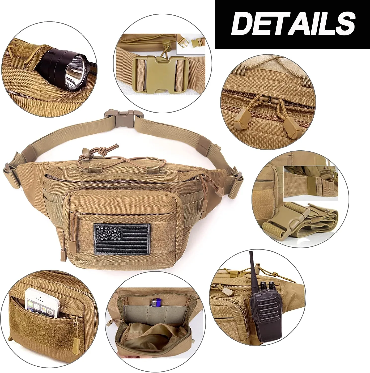 Tactical Fanny Pack, Military Waist Bag Hip Belt Bumbag Utility Bags for Outdoor Hiking Climbing Fishing with U.S Patch (CAIM0-A)