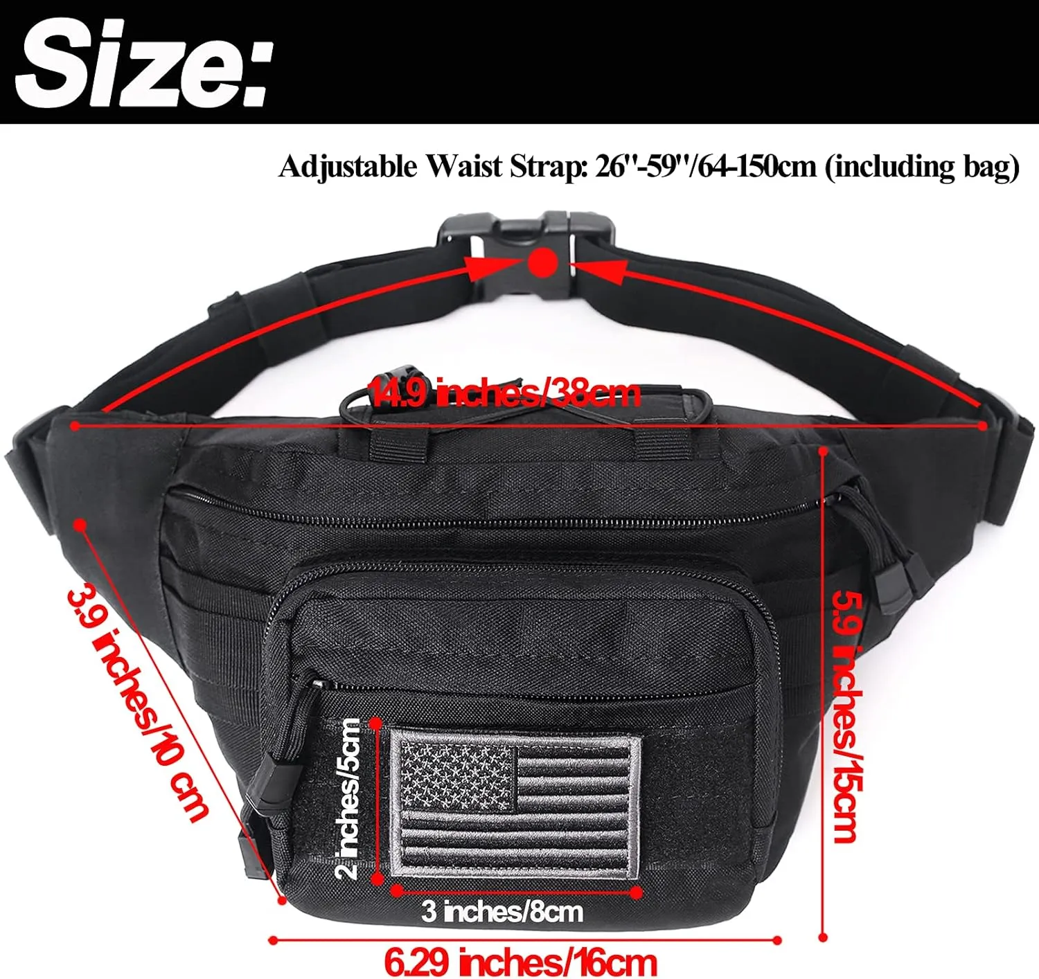 Tactical Fanny Pack, Military Waist Bag Hip Belt Bumbag Utility Bags for Outdoor Hiking Climbing Fishing with U.S Patch (CAIM0-A)
