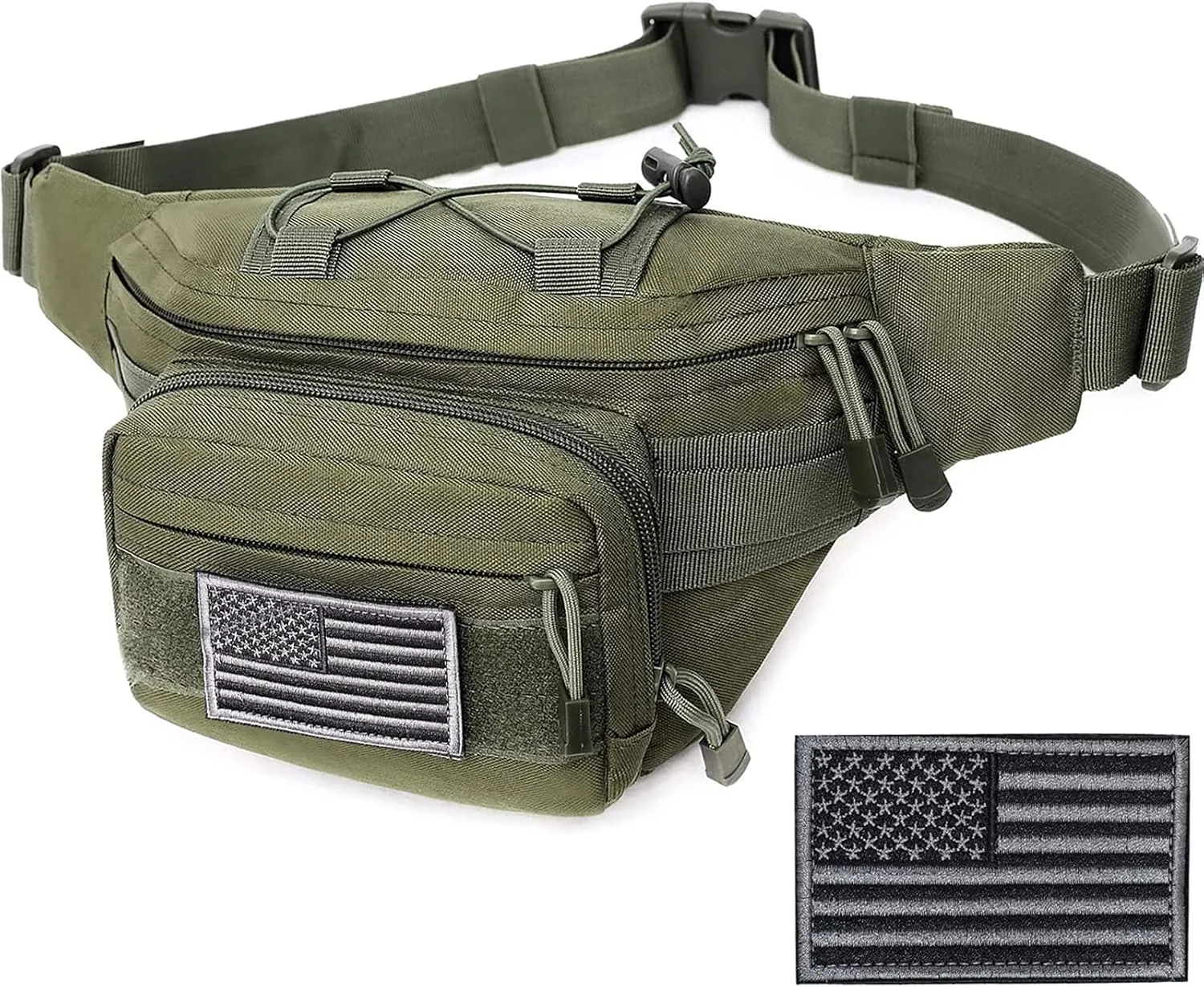 Tactical Fanny Pack, Military Waist Bag Hip Belt Bumbag Utility Bags for Outdoor Hiking Climbing Fishing with U.S Patch(Green)