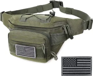 Tactical Fanny Pack, Military Waist Bag Hip Belt Bumbag Utility Bags for Outdoor Hiking Climbing Fishing with U.S Patch(Green)
