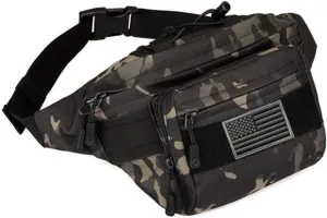 Tactical Fanny Pack,Military Waist Bag Pack with U.S Patch Utility Hip Belt Bumbag for Outdoor Fishing Hiking (Black c(4 Zipper Pockets))