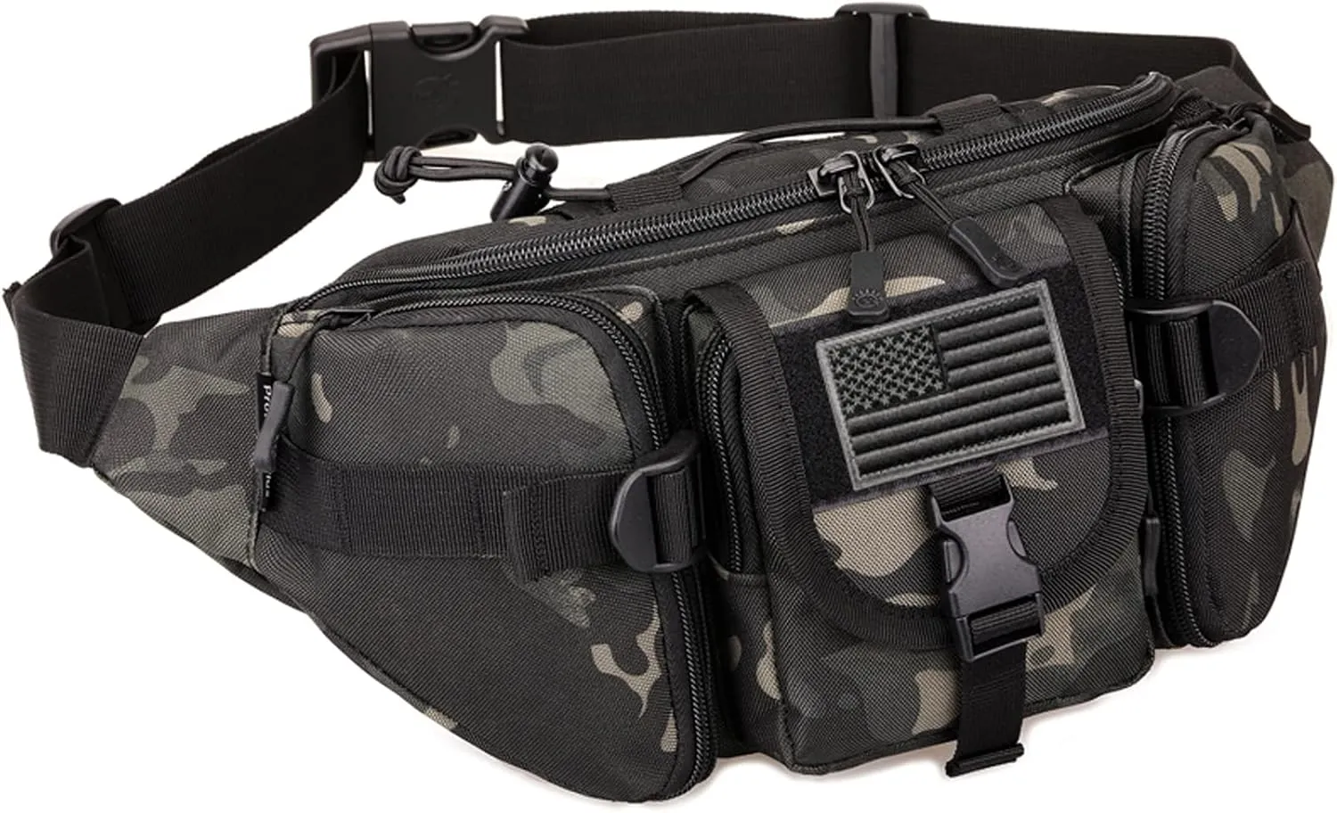 Tactical Fanny Pack,Military Waist Bag Pack with U.S Patch Utility Hip Belt Bumbag for Outdoor Fishing Hiking (Black c(5 Zipper Pockets))