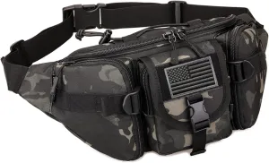 Tactical Fanny Pack,Military Waist Bag Pack with U.S Patch Utility Hip Belt Bumbag for Outdoor Fishing Hiking (Black c(5 Zipper Pockets))