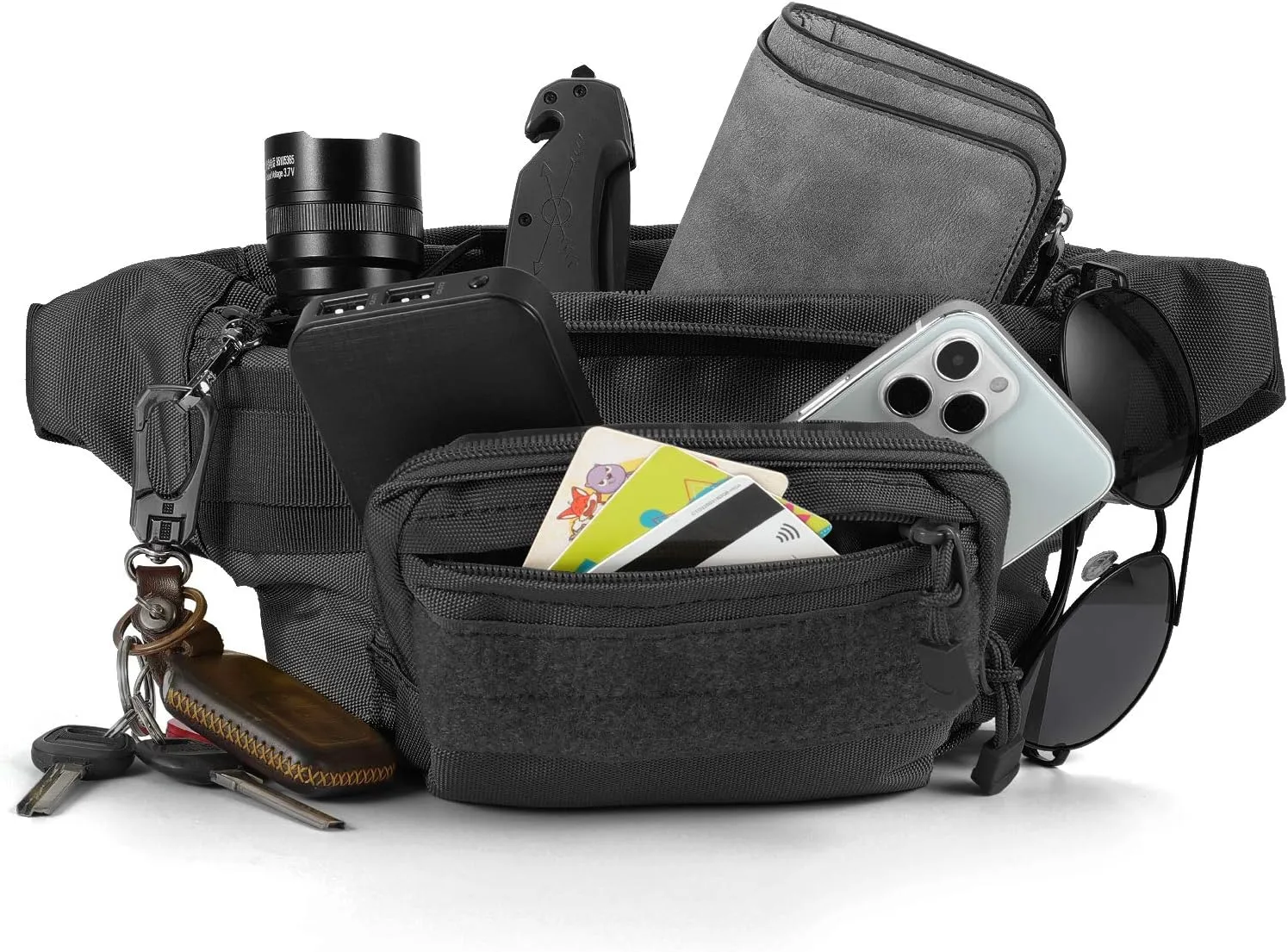 Tactical Fanny Pack,Military Waist Bag Pack with U.S Patch Utility Hip Belt Bumbag for Outdoor Fishing Hiking (Black(4 Zipper Pockets))