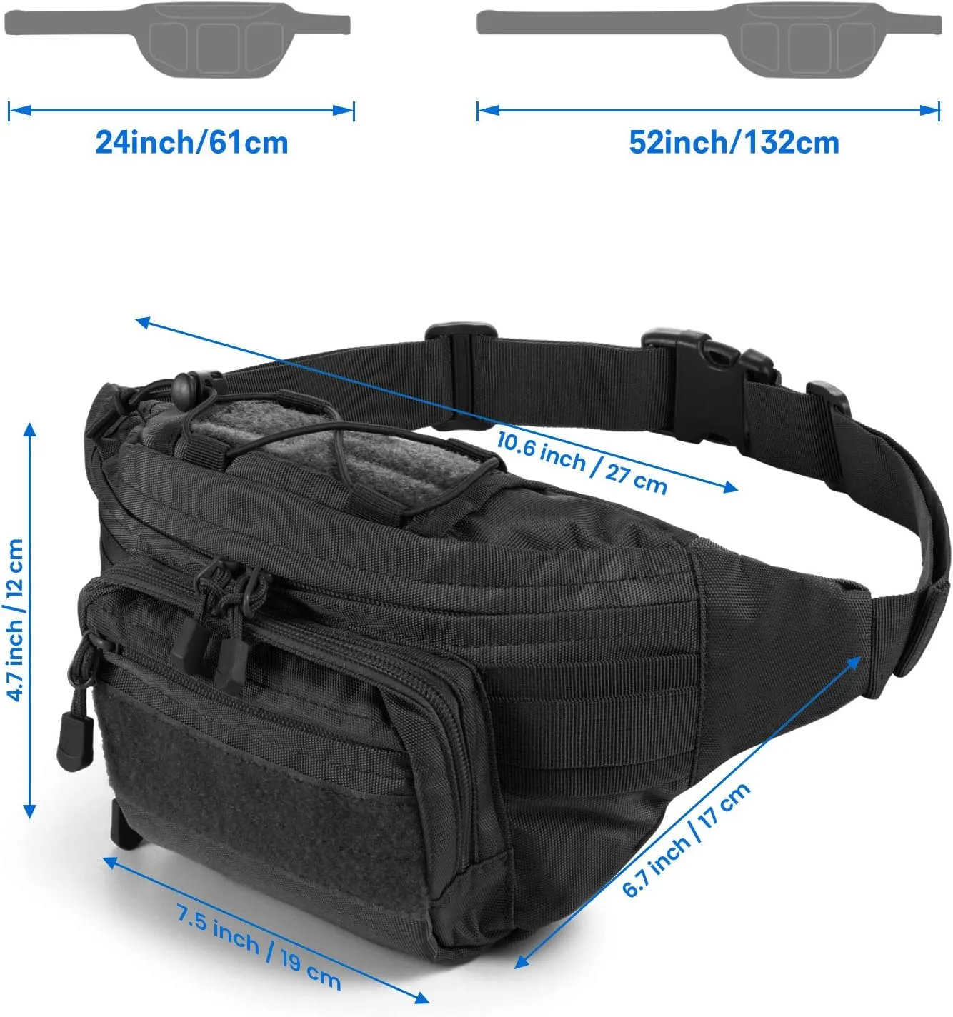Tactical Fanny Pack,Military Waist Bag Pack with U.S Patch Utility Hip Belt Bumbag for Outdoor Fishing Hiking (Black(4 Zipper Pockets))