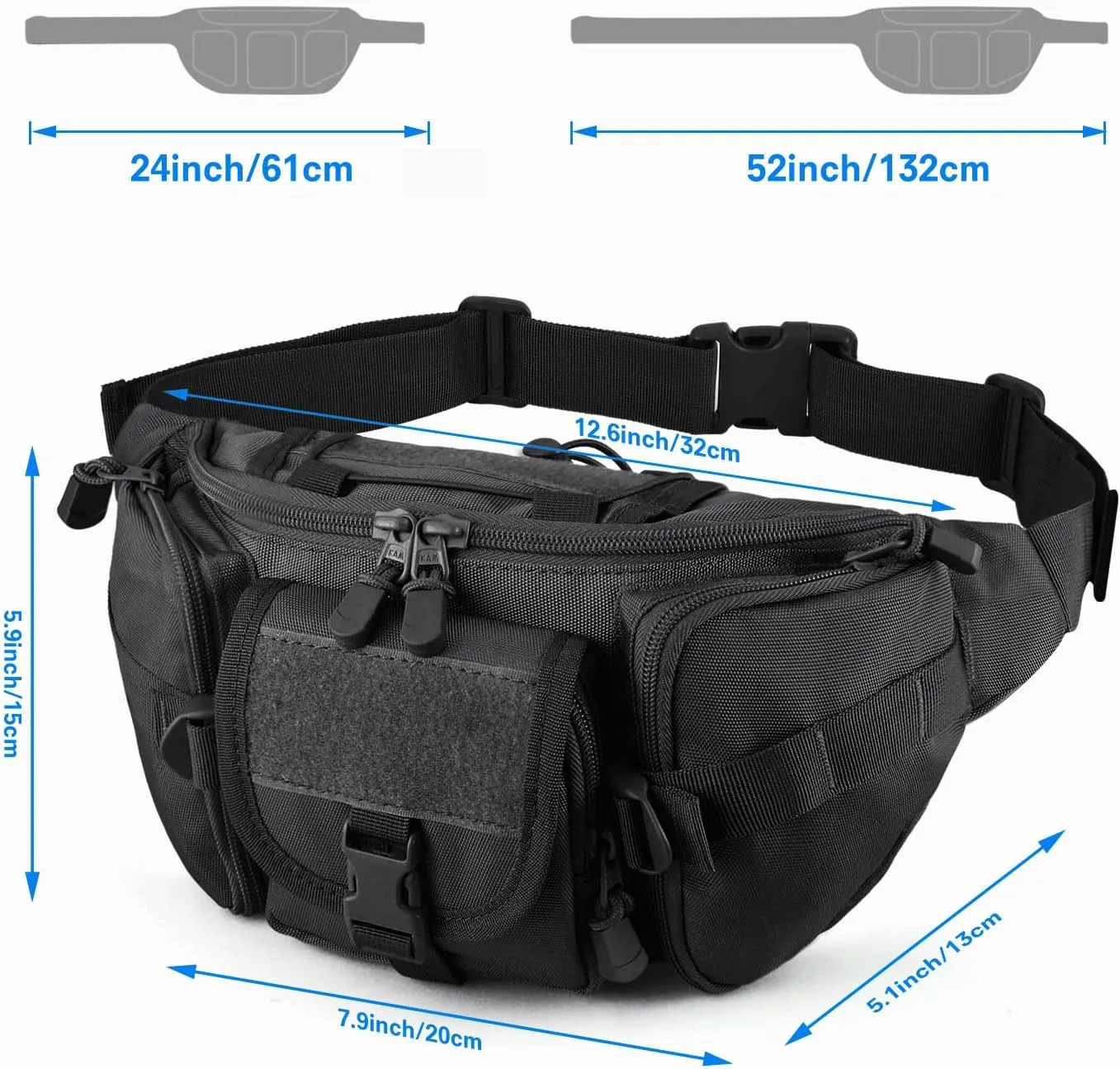 Tactical Fanny Pack,Military Waist Bag Pack with U.S Patch Utility Hip Belt Bumbag for Outdoor Fishing Hiking (Black(5 Zipper Pockets))