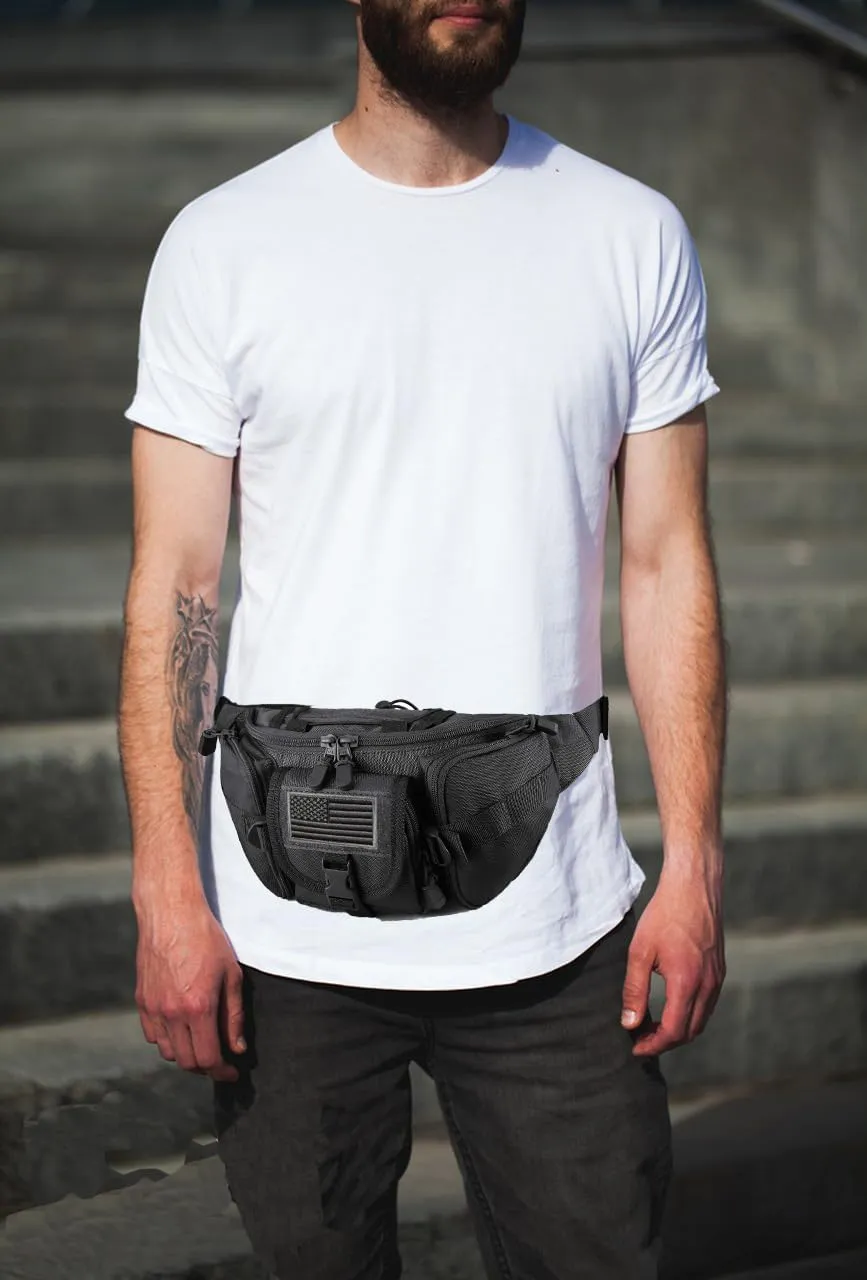 Tactical Fanny Pack,Military Waist Bag Pack with U.S Patch Utility Hip Belt Bumbag for Outdoor Fishing Hiking (Black(5 Zipper Pockets))