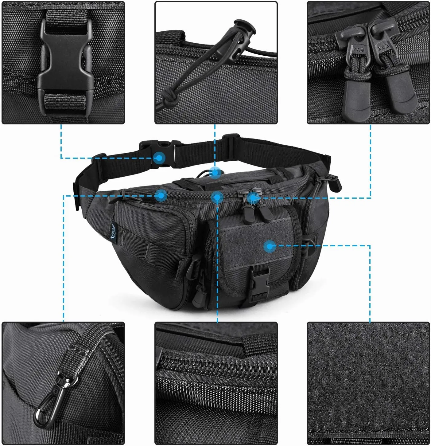 Tactical Fanny Pack,Military Waist Bag Pack with U.S Patch Utility Hip Belt Bumbag for Outdoor Fishing Hiking (Black(5 Zipper Pockets))