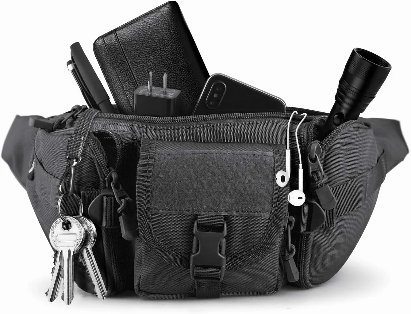 Tactical Fanny Pack,Military Waist Bag Pack with U.S Patch Utility Hip Belt Bumbag for Outdoor Fishing Hiking (Black(5 Zipper Pockets))