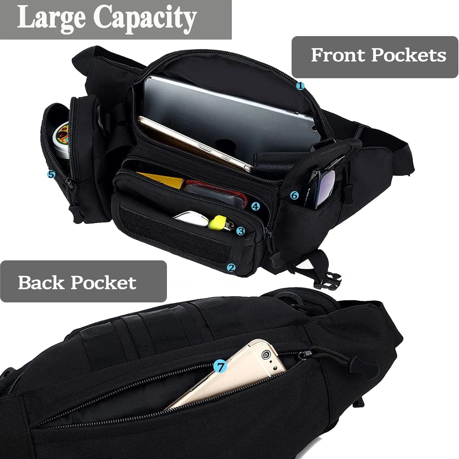 Tactical Fanny Packs, Military Waist Bag Utility Hip Belt Bags for Hiking Climbing Fishing Cycling Hunting with U.S Patch (Tan Black)