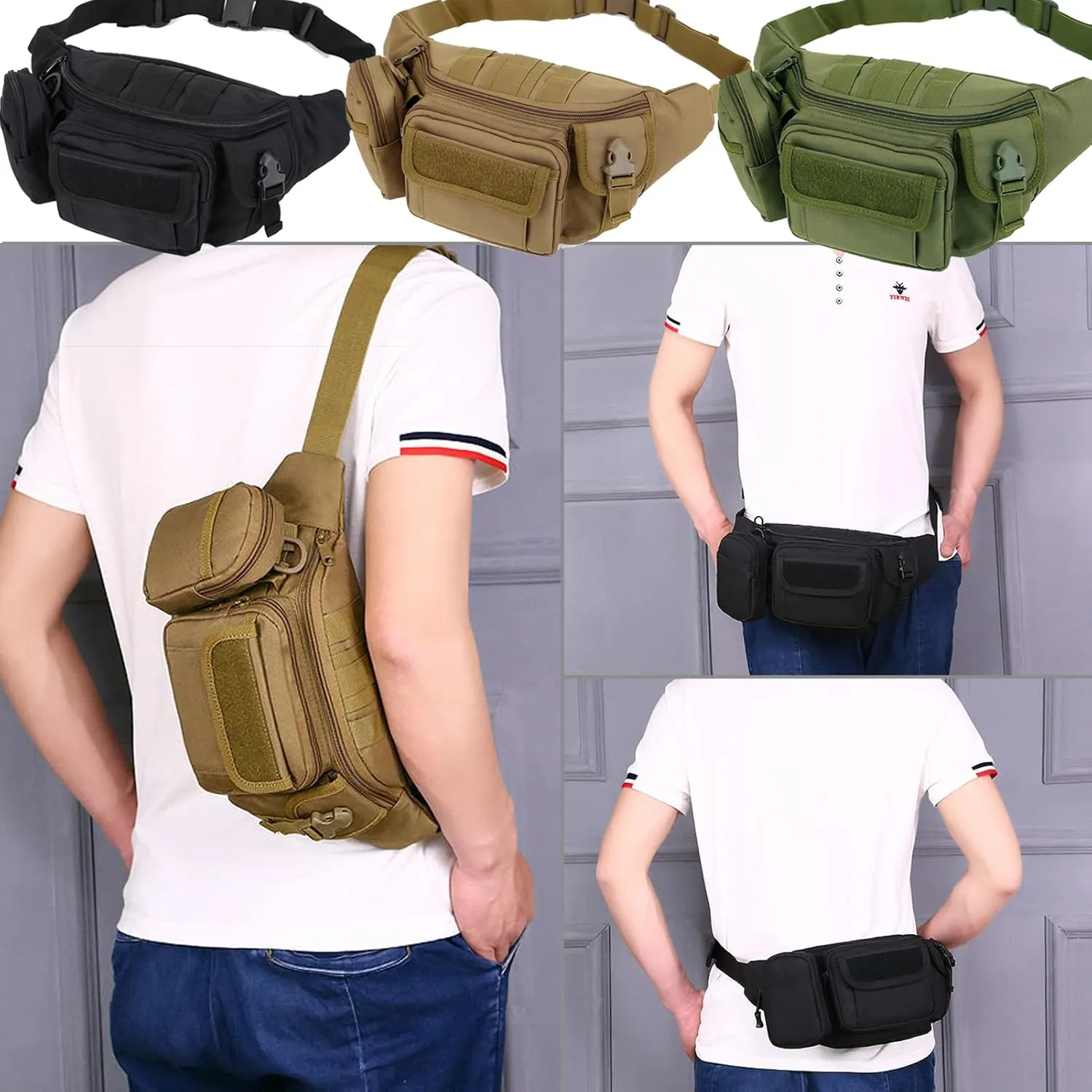 Tactical Fanny Packs, Military Waist Bag Utility Hip Belt Bags for Hiking Climbing Fishing Cycling Hunting with U.S Patch (Tan Black)
