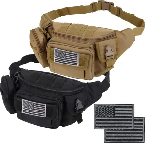Tactical Fanny Packs, Military Waist Bag Utility Hip Belt Bags for Hiking Climbing Fishing Cycling Hunting with U.S Patch (Tan Black)
