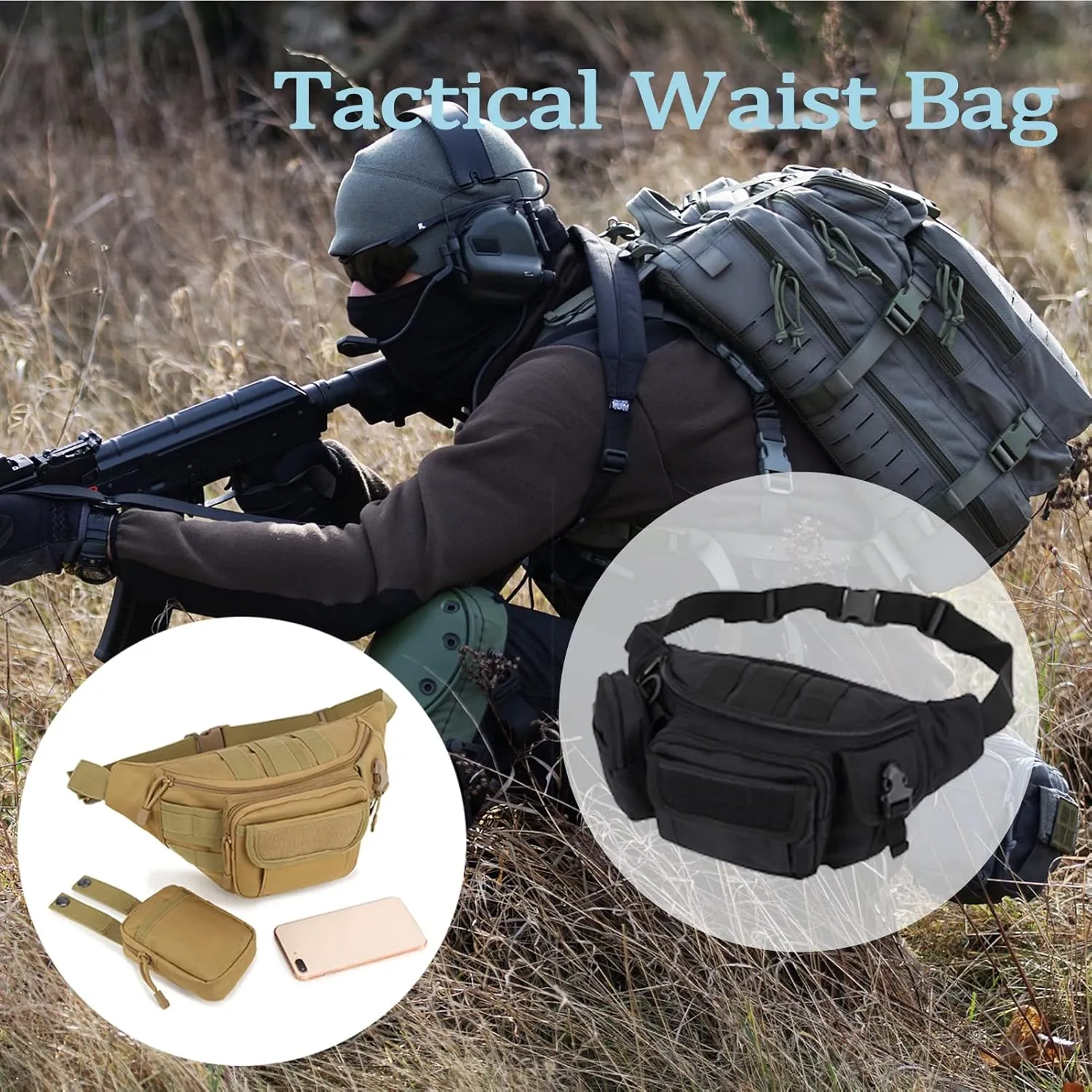 Tactical Fanny Packs, Military Waist Bag Utility Hip Belt Bags for Hiking Climbing Fishing Cycling Hunting with U.S Patch (Tan Black)