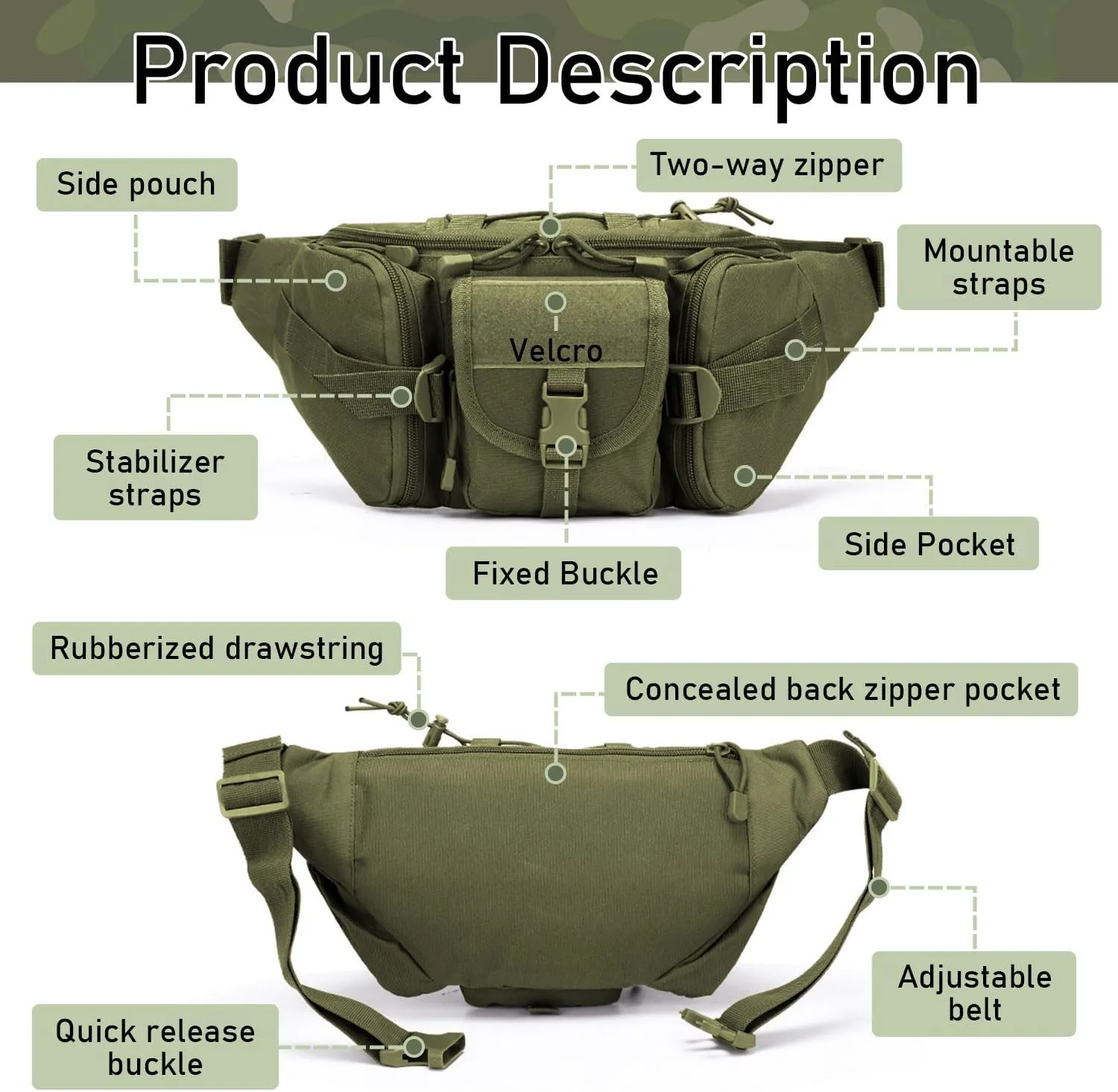 Taeku Tactical Fanny Pack, Military Waist Bag Utility Hip Pack with Adjustable Strap for Outdoors Fishing Cycling Camping Dog Walking (Green)
