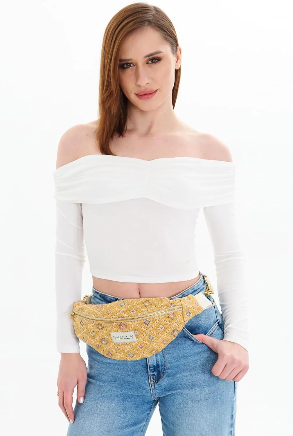 Tailor & Tailor Ethnic Pattern Waist Bag - Adjustable Belt, Lightweight Fabric, Multipurpose Fanny Pack, Western Style Belt Bag (Yellow)
