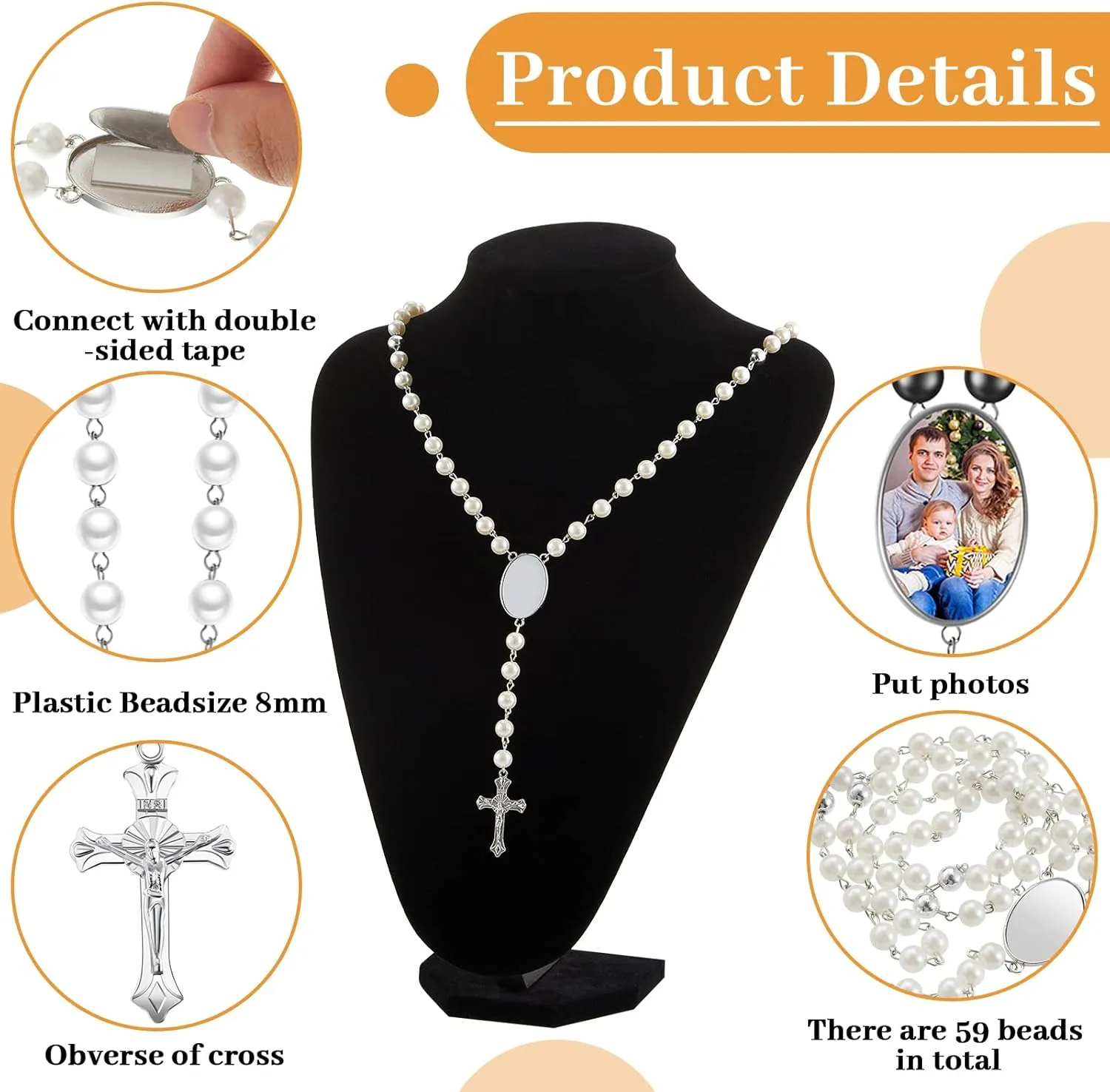 Taiyin Sublimation Blanks Rosary Beads Necklace Set Catholic Rosaries Printable Insert Necklace Prayer Beads with Sheer Organza Bags for Baptism Women Men Jewelry Gifts DIY Making(24 Set)
