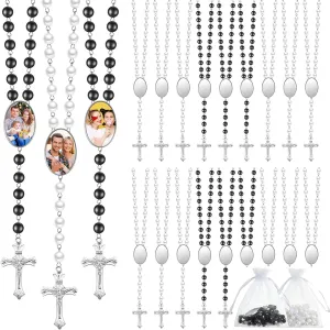 Taiyin Sublimation Blanks Rosary Beads Necklace Set Catholic Rosaries Printable Insert Necklace Prayer Beads with Sheer Organza Bags for Baptism Women Men Jewelry Gifts DIY Making(24 Set)