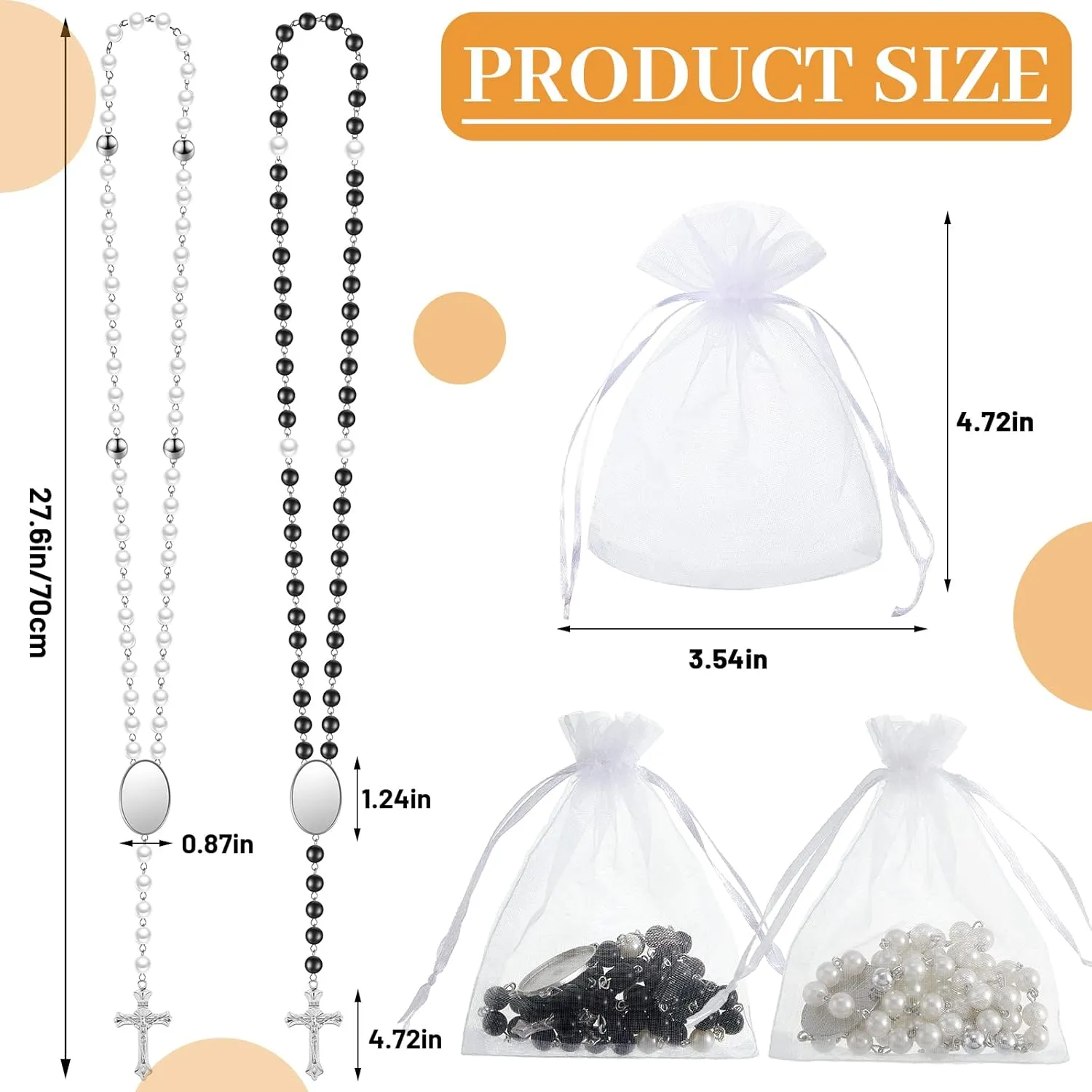 Taiyin Sublimation Blanks Rosary Beads Necklace Set Catholic Rosaries Printable Insert Necklace Prayer Beads with Sheer Organza Bags for Baptism Women Men Jewelry Gifts DIY Making(24 Set)