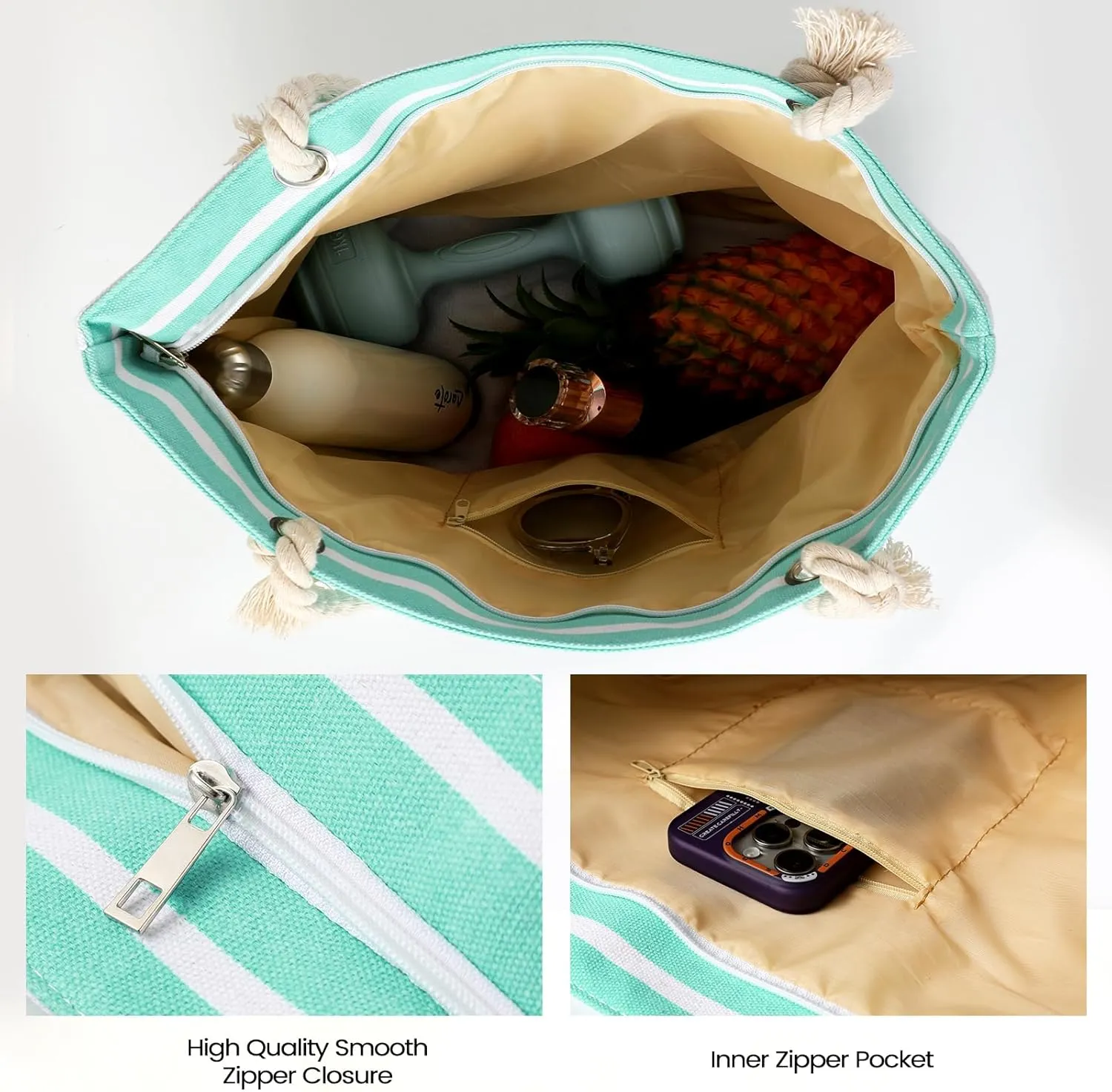 Tavaleu Beach Bags for Women - Large Beach Bag with Zipper Waterproof Sandproof, Swim Pool Tote Bag Vacation