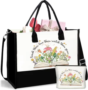 Teacher Appreciation Gifts Canvas Tote Bag with Makeup Teacher Gifts Bag for Women Thank You Gift for Teachers