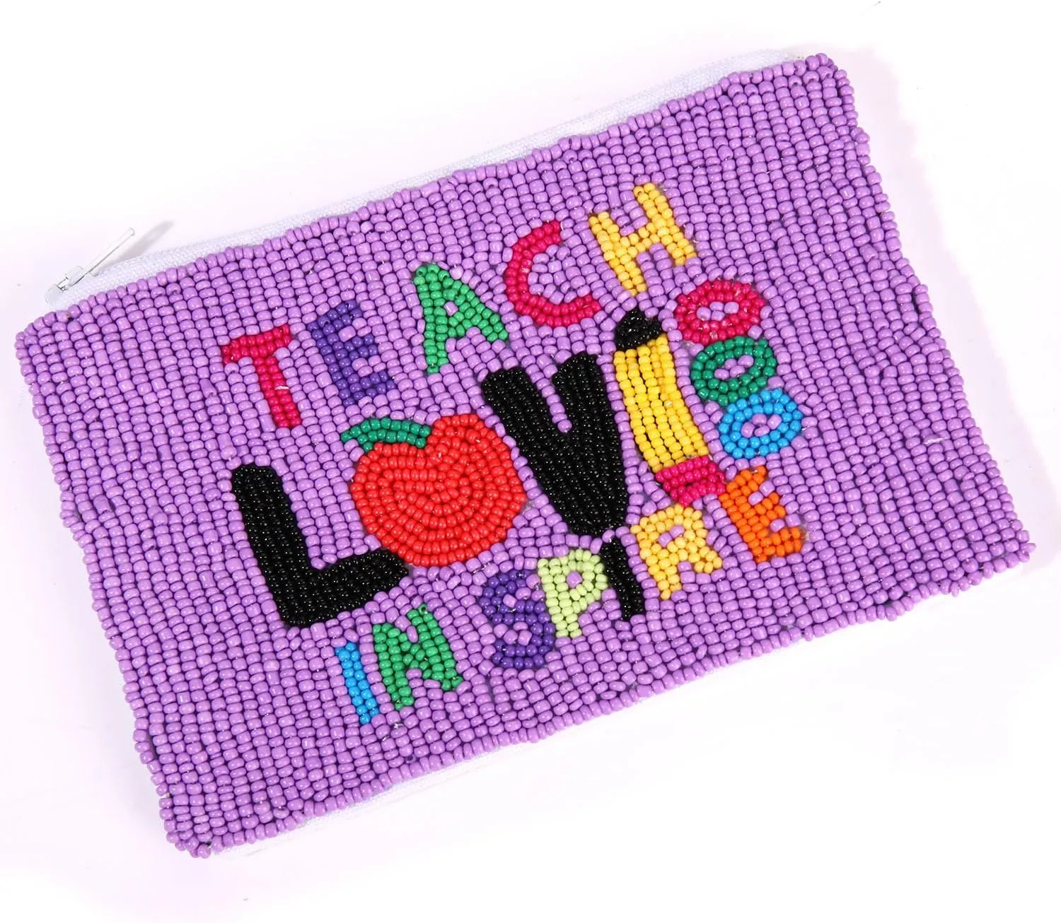 Teacher Beaded Coin Purse Teach Love Inspire Seed Bead Coin Purse Back to School Accessory Small Cute Wallet Coin Pouch Purse Teacher Appreciate Gift for Teachers