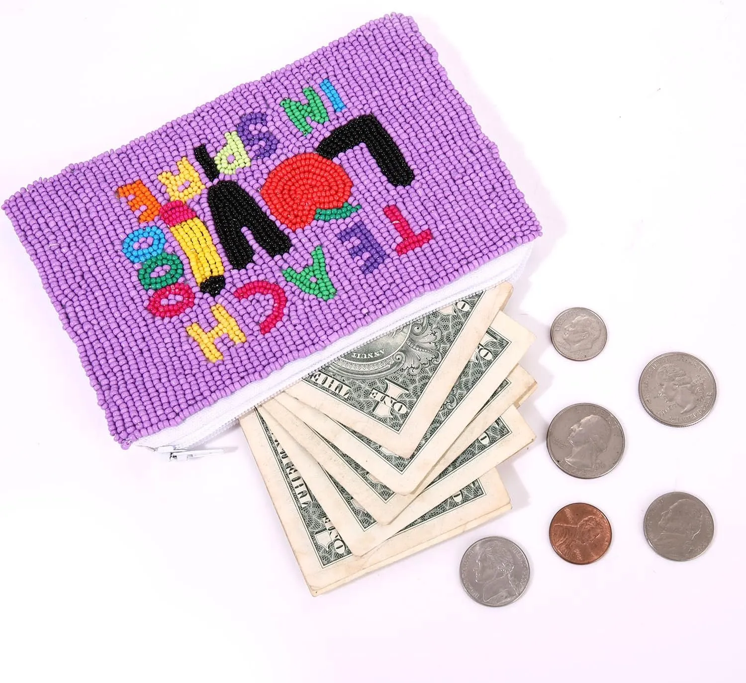 Teacher Beaded Coin Purse Teach Love Inspire Seed Bead Coin Purse Back to School Accessory Small Cute Wallet Coin Pouch Purse Teacher Appreciate Gift for Teachers