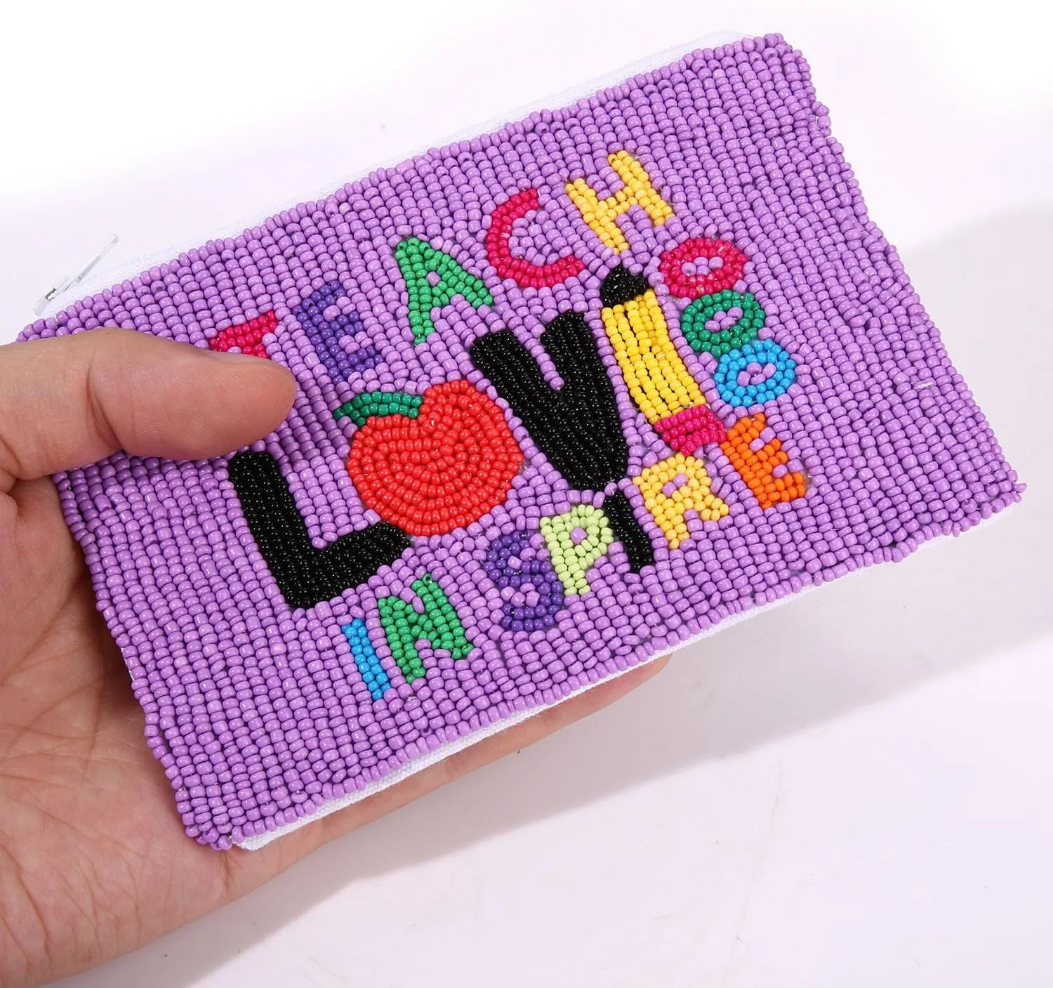 Teacher Beaded Coin Purse Teach Love Inspire Seed Bead Coin Purse Back to School Accessory Small Cute Wallet Coin Pouch Purse Teacher Appreciate Gift for Teachers