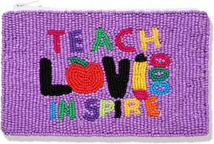 Teacher Beaded Coin Purse Teach Love Inspire Seed Bead Coin Purse Back to School Accessory Small Cute Wallet Coin Pouch Purse Teacher Appreciate Gift for Teachers