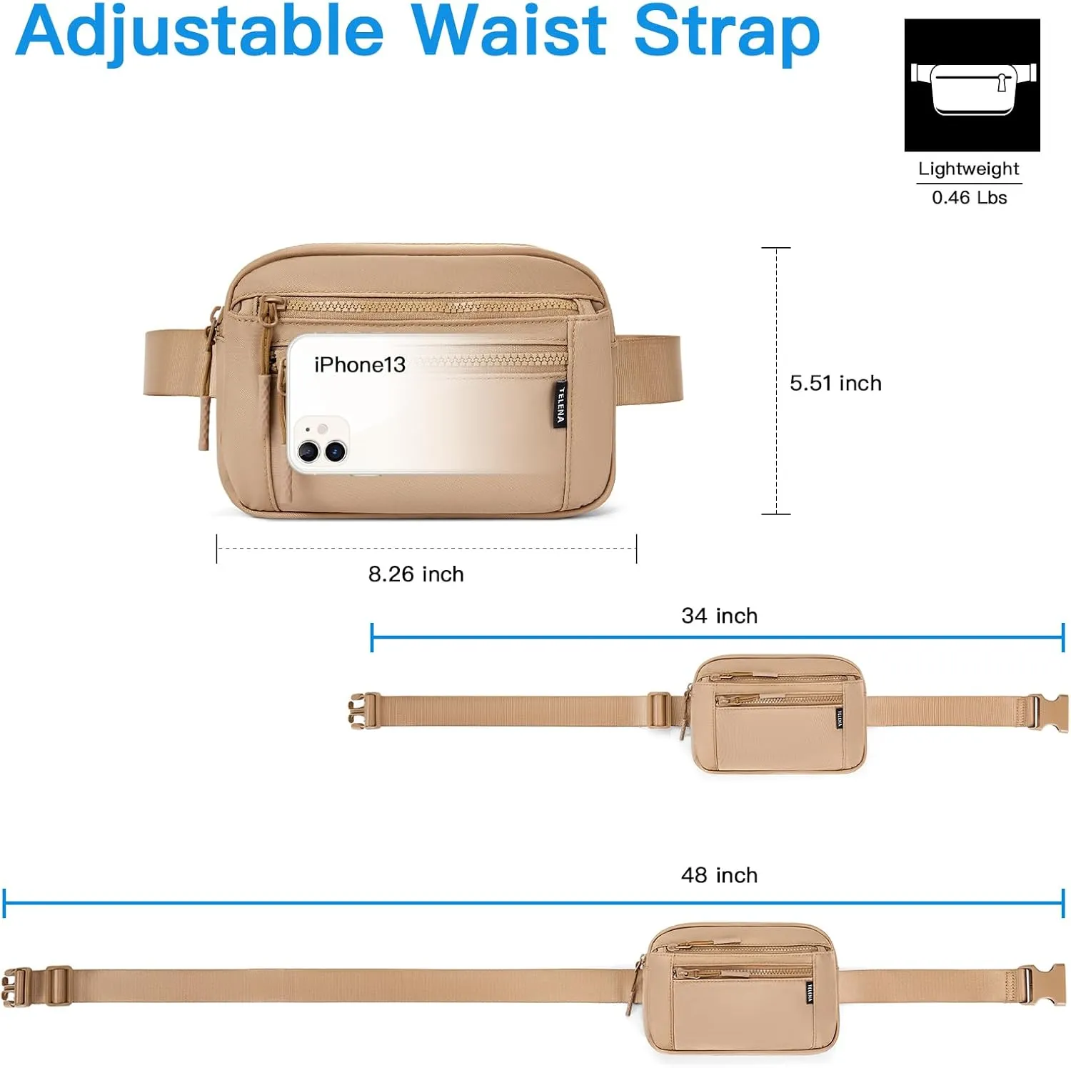 Telena Belt Bag for Women Fanny Pack Cross Body Bag Fashion Waist Pack with Adjustable Strap Light Brown