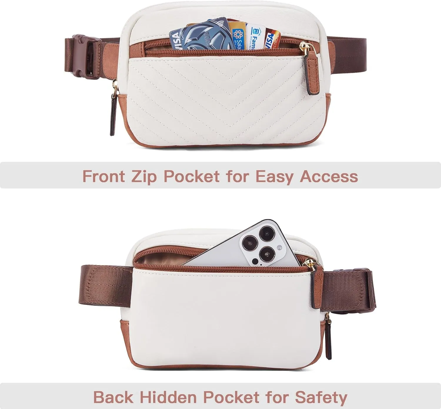 Telena Belt Bag for Women PU Leather Fanny Pack Quilted Crossbody Bags for Women Waist Bag with Adjustable Strap, Beige Brown