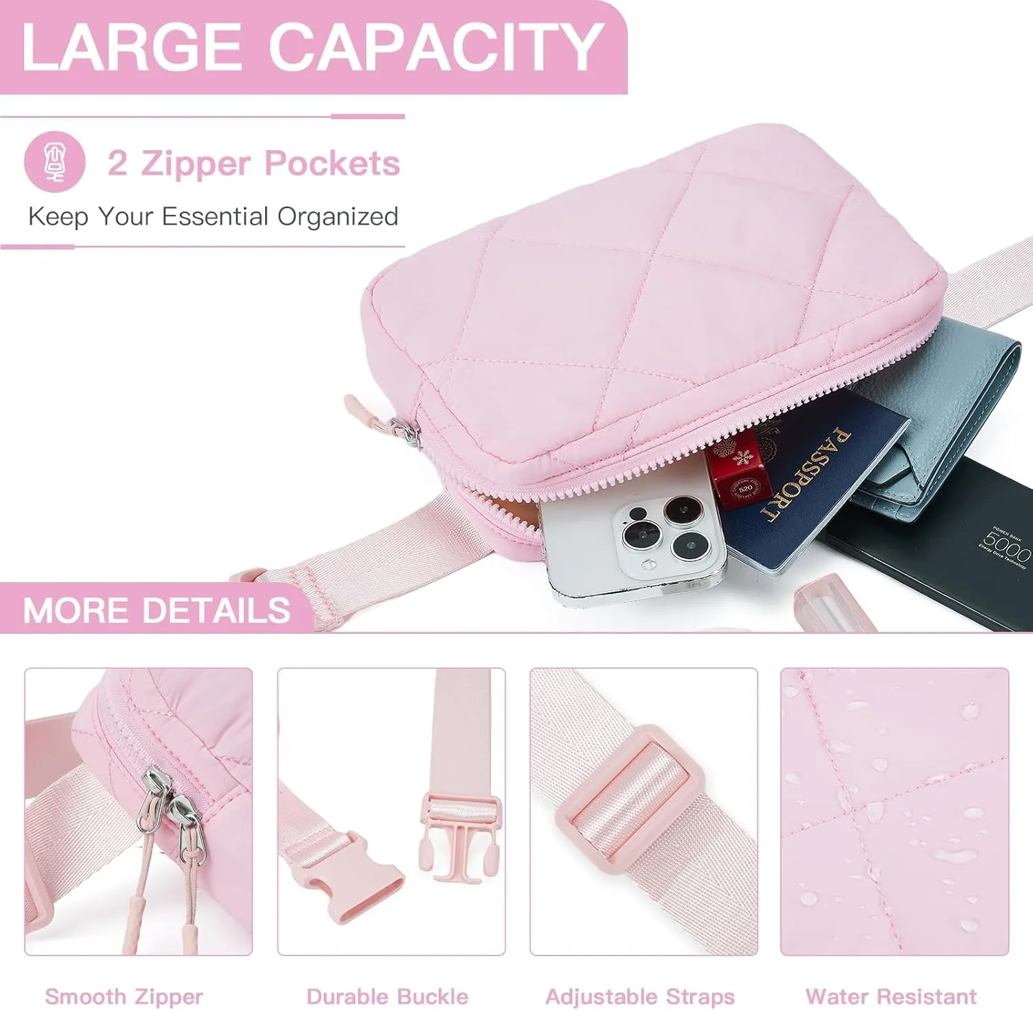 Telena Fanny Pack Cross Body Bag Quilted Puffy Padded Belt Bag for Women Winter Cloud Waist Puffer Crossbody Bag with Adjustable Strap Pink